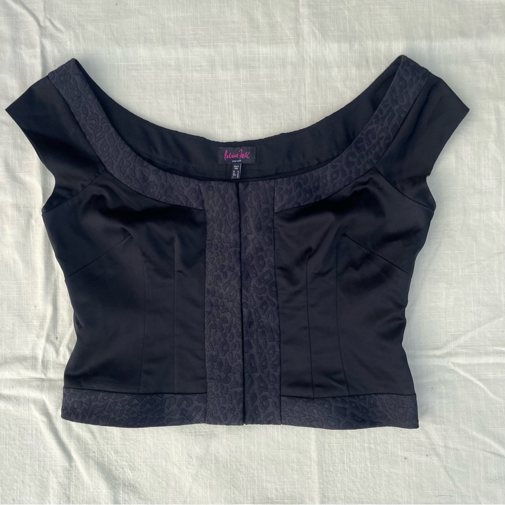 y2k black satin corset with leopard print along the edges